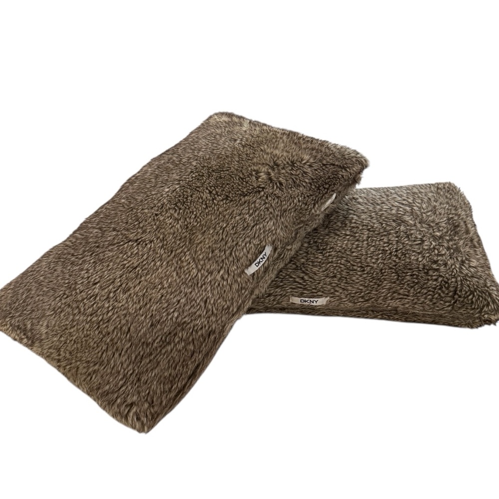 Set of 2 DKNY Plush Faux Fur Grey Brown Rectangle Pillows Cozy Warm